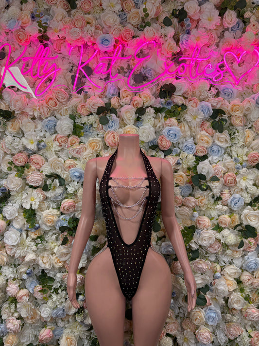 Festival Bodysuit Black Fishnet Chainlink Rhinestone Outfit
