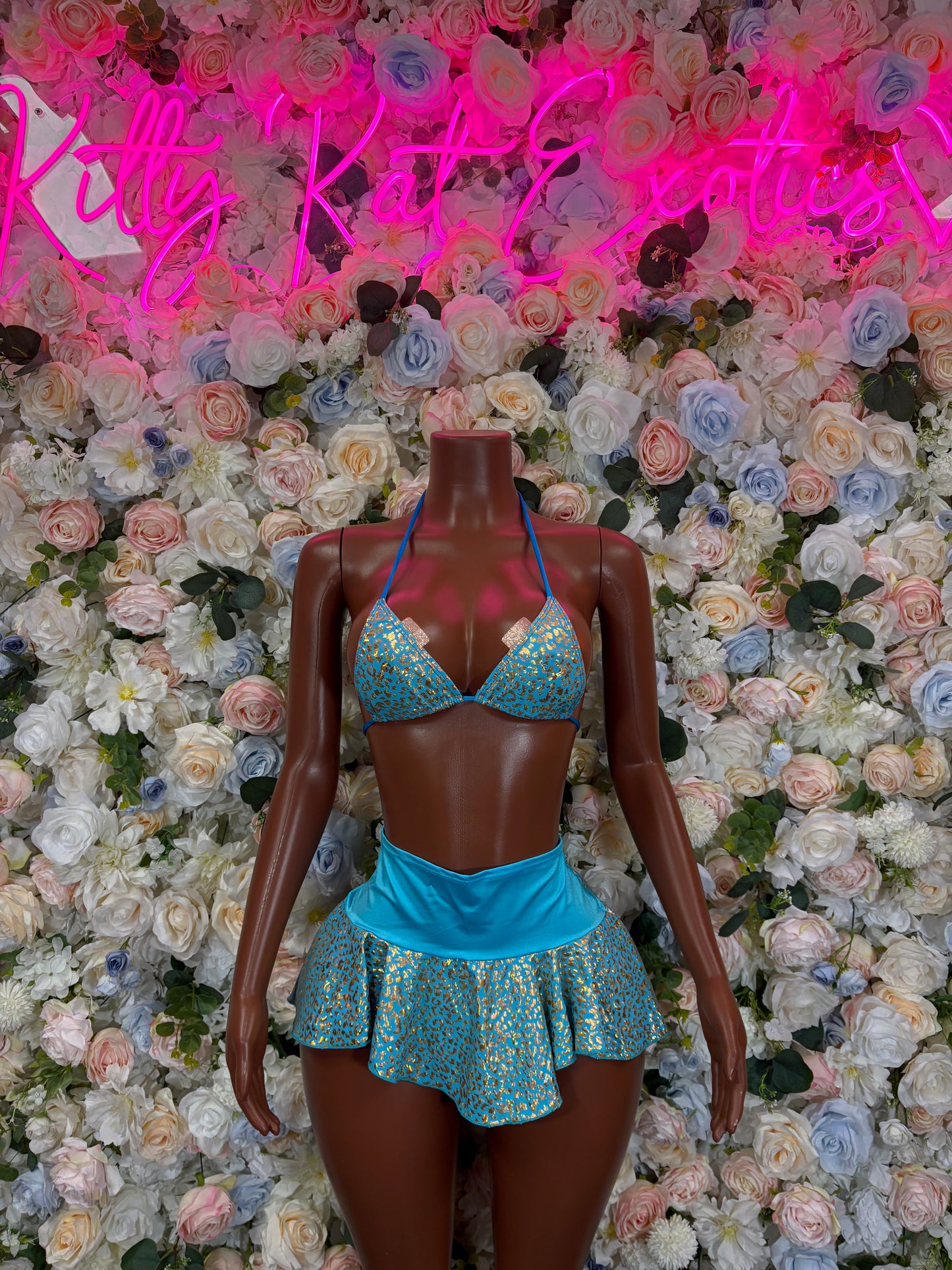 Bottlegirl Teal Cheetah Skirt Set  - Teal Ravewear, Bartender Festival Outfit, Sexy Clubwear, EDM Dance Costume