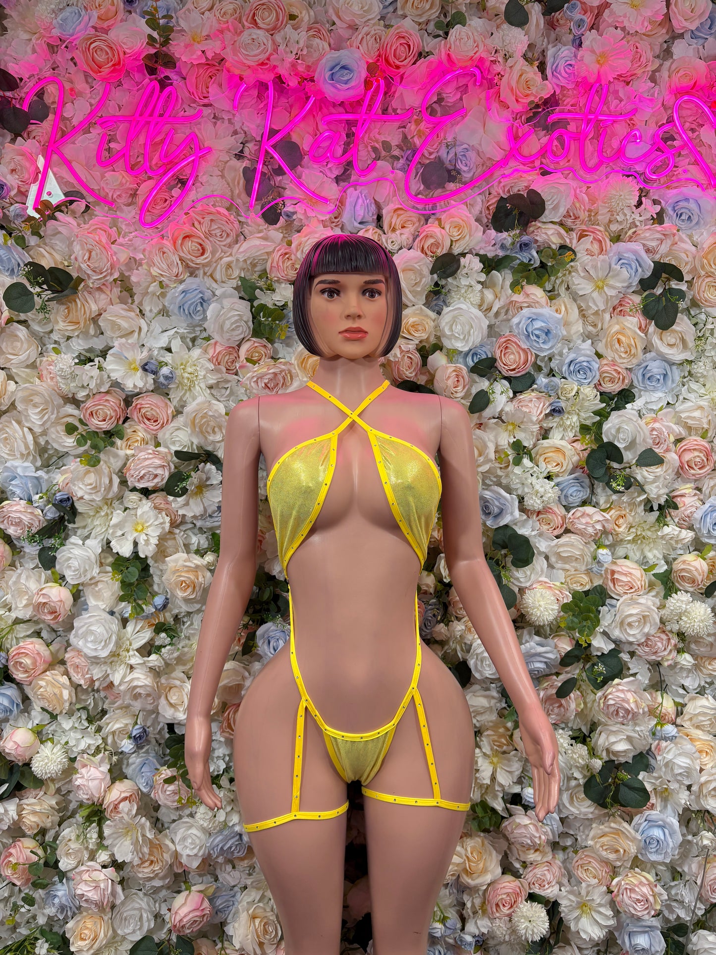 Yellow Metallic Two Piece Set - Festival Outfit, Exotic Dancewear, Rave Clubwear, Party Bodysuit