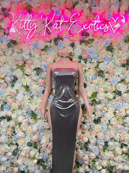 Silver Gown Exotic Dancewear   Elegant and Sexy Evening Gown for Performers, Events, or Special Occasions