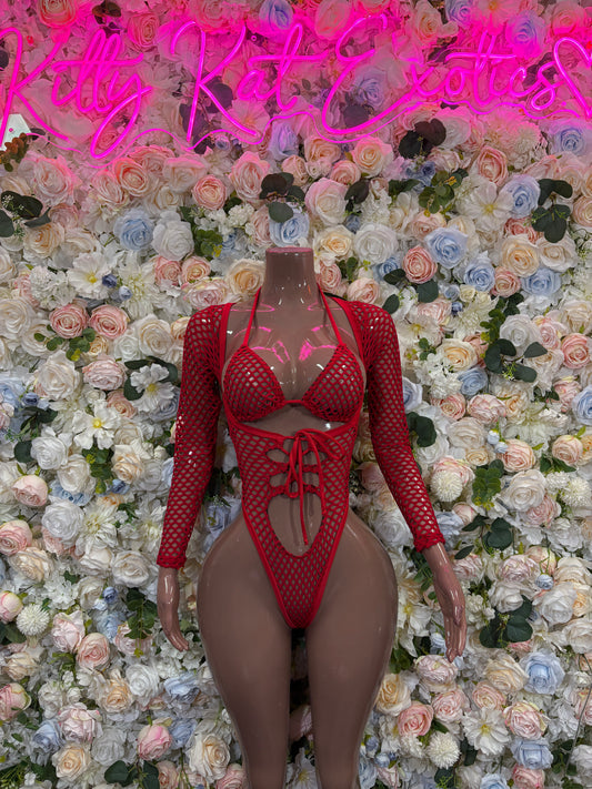 Red fishnet long-sleeve bodysuit with deep front cutout and lace-up