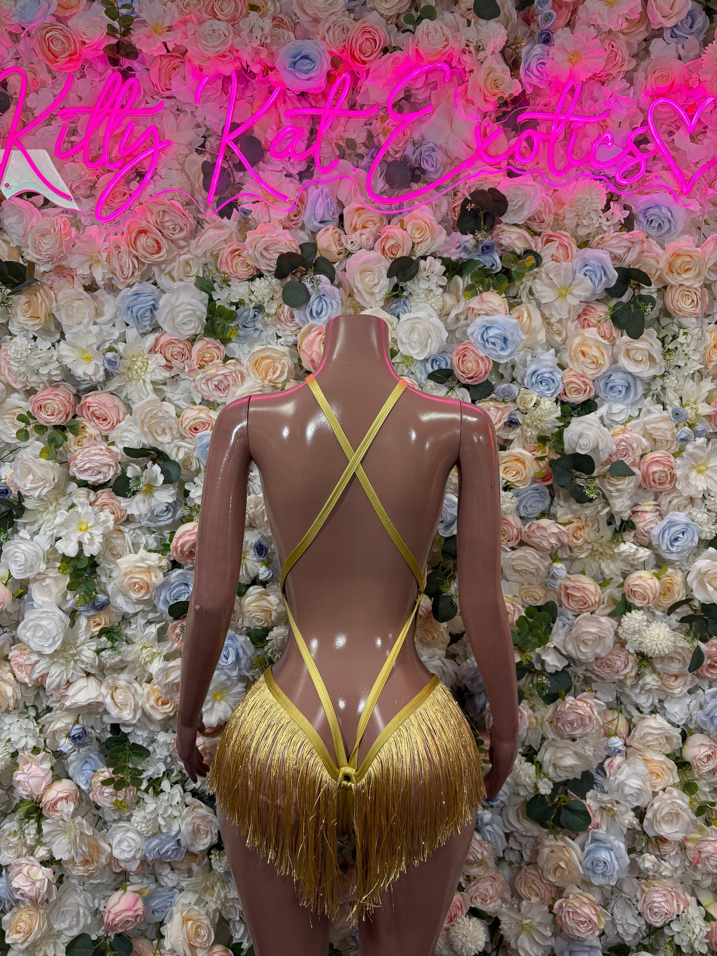 Gold fringe bodysuit with crisscross back straps and tassel hip detail, one-piece outfit