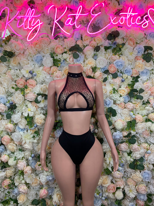 Black fishnet bikini set with halter neckline and mesh cutout top, front view