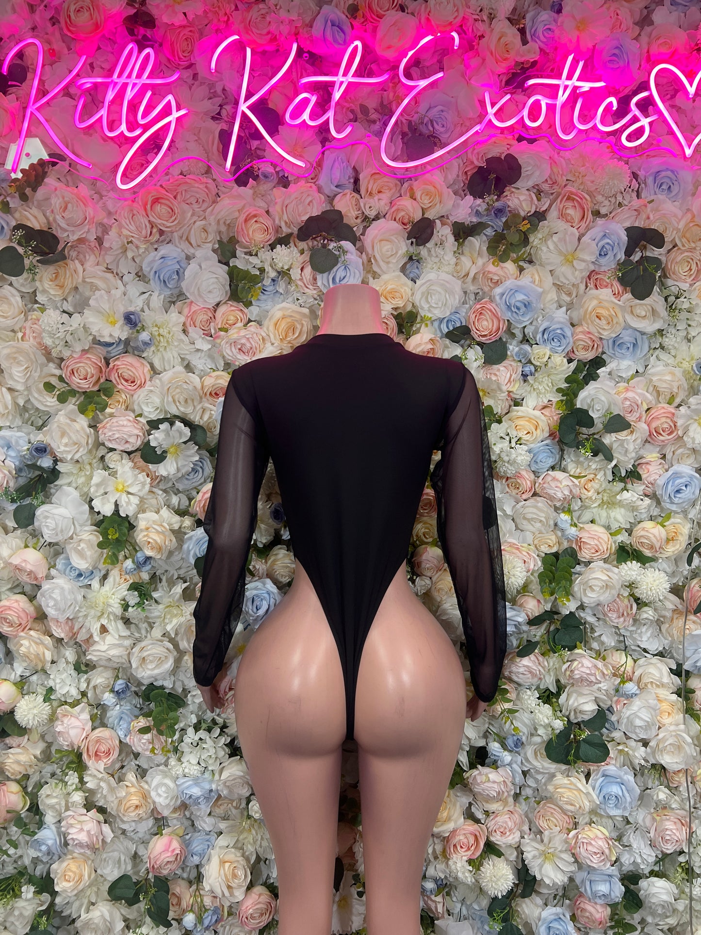 Black long-sleeve sheer bodysuit, open back with lace-up detail, high-cut bottom