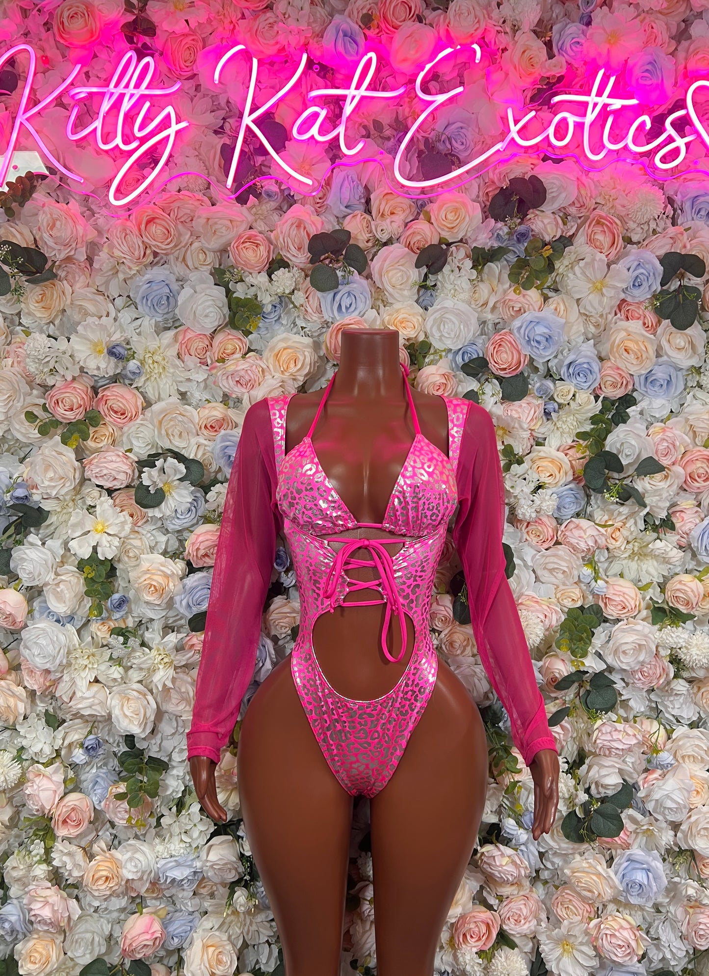 Hot pink metallic cheetah-print bodysuit with deep V front and long sleeves