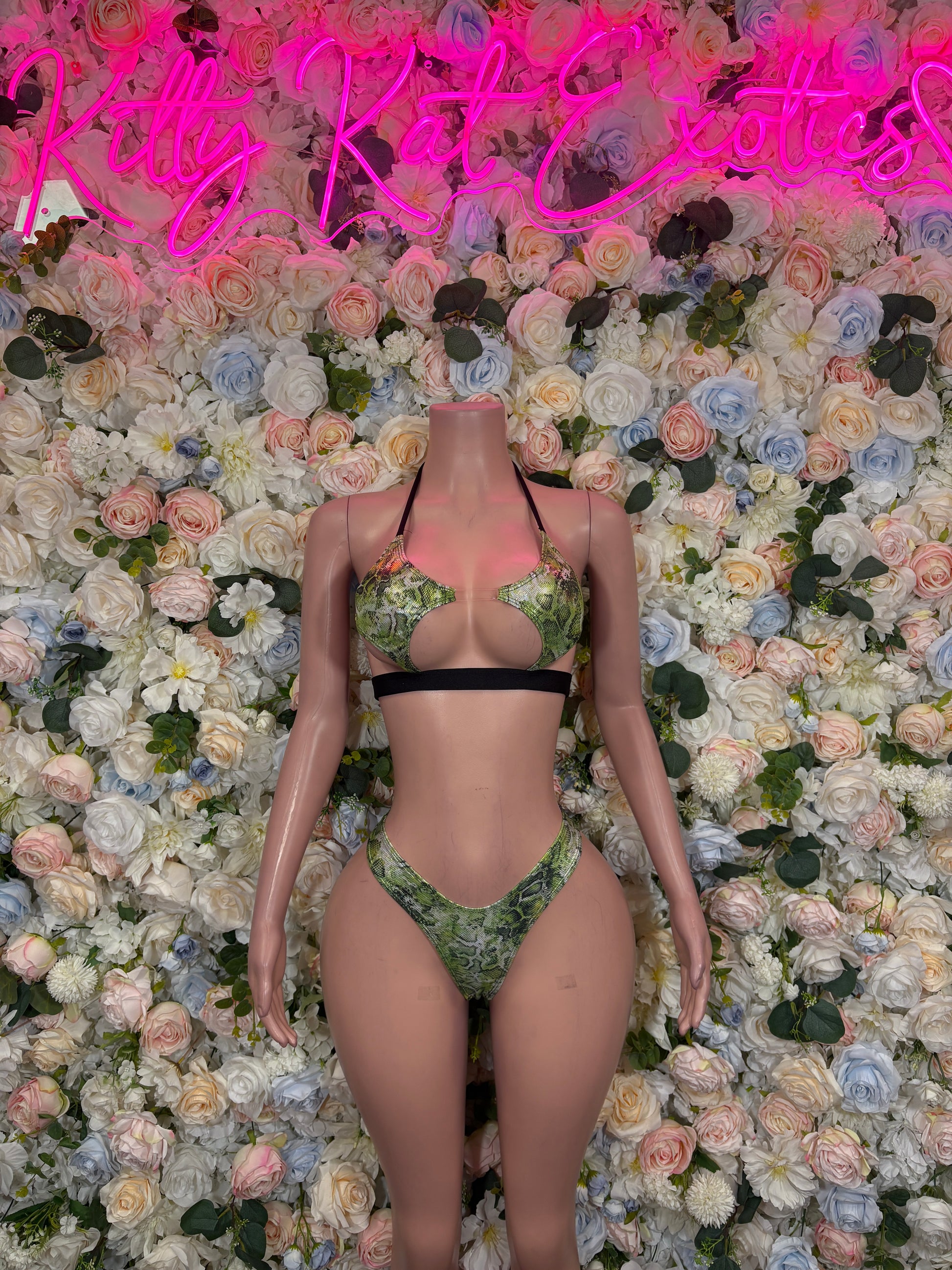 Green snake-print thong bikini with halter top and back cut-out straps