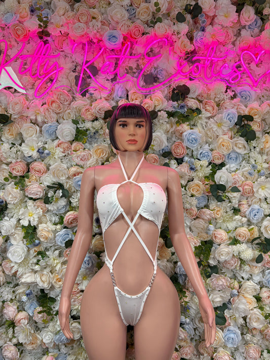 Festival Rhinestone Bodysuit White Exotic Dancewear