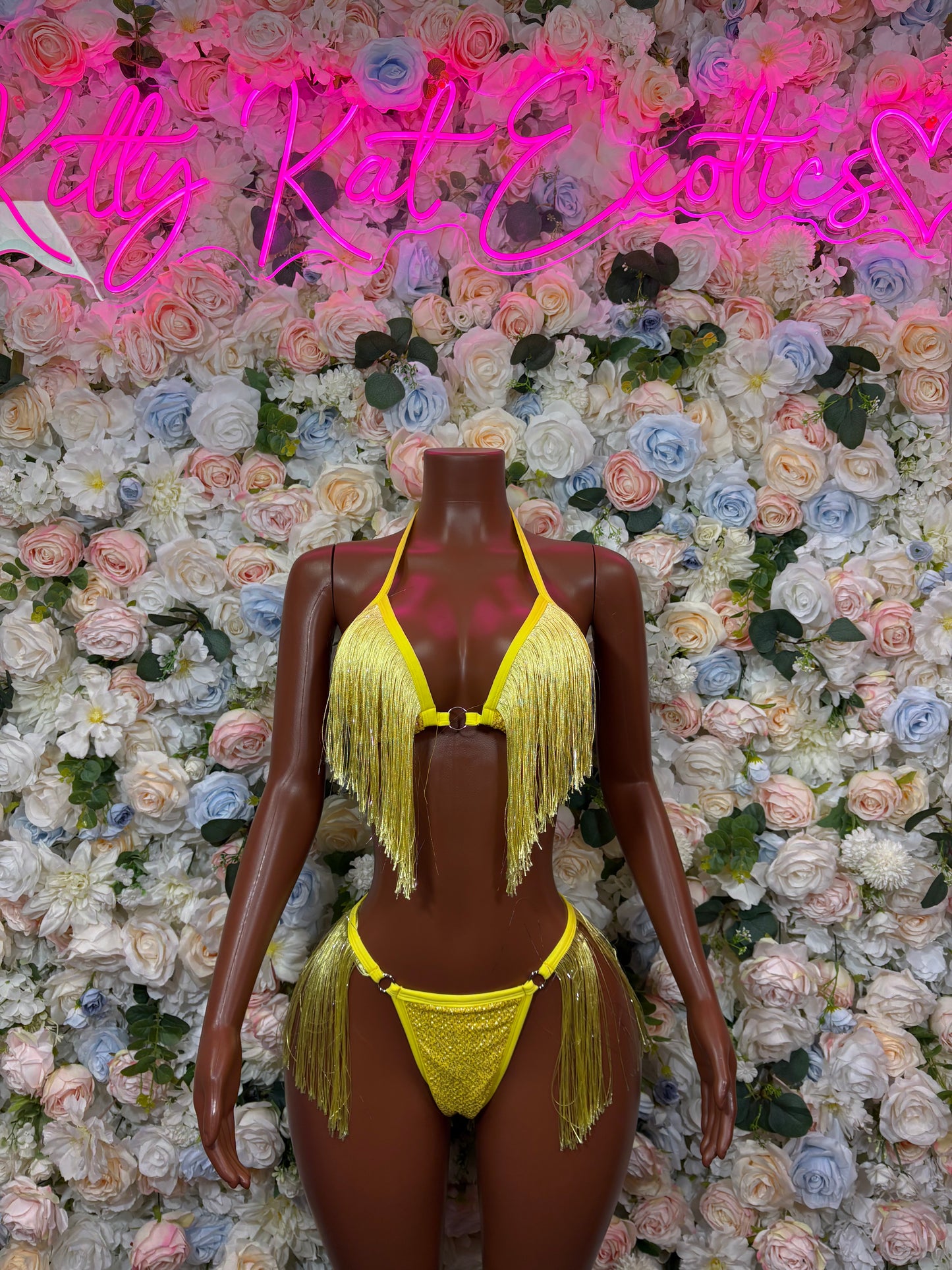Yellow fringe two-piece lingerie set with triangle bra and thong, tasseled edges