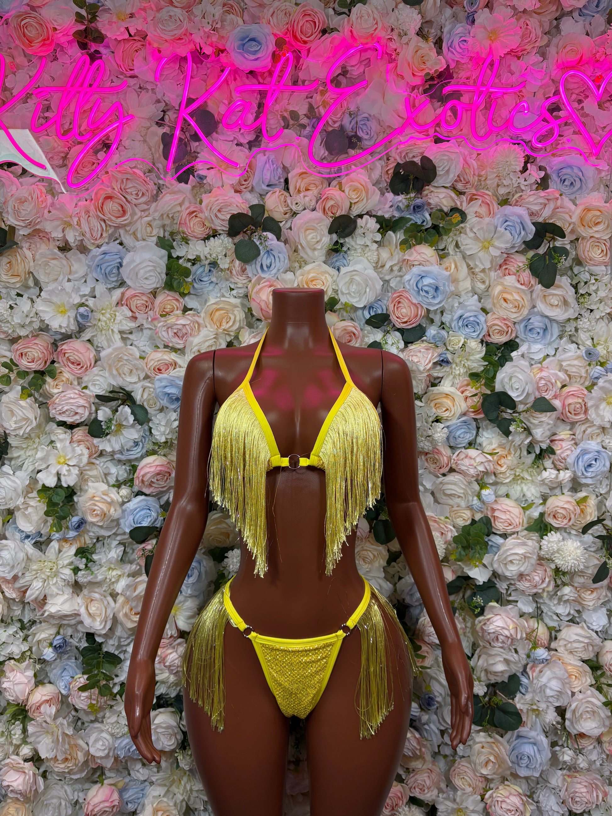 Yellow fringe two-piece lingerie set with triangle bra and thong, tasseled edges