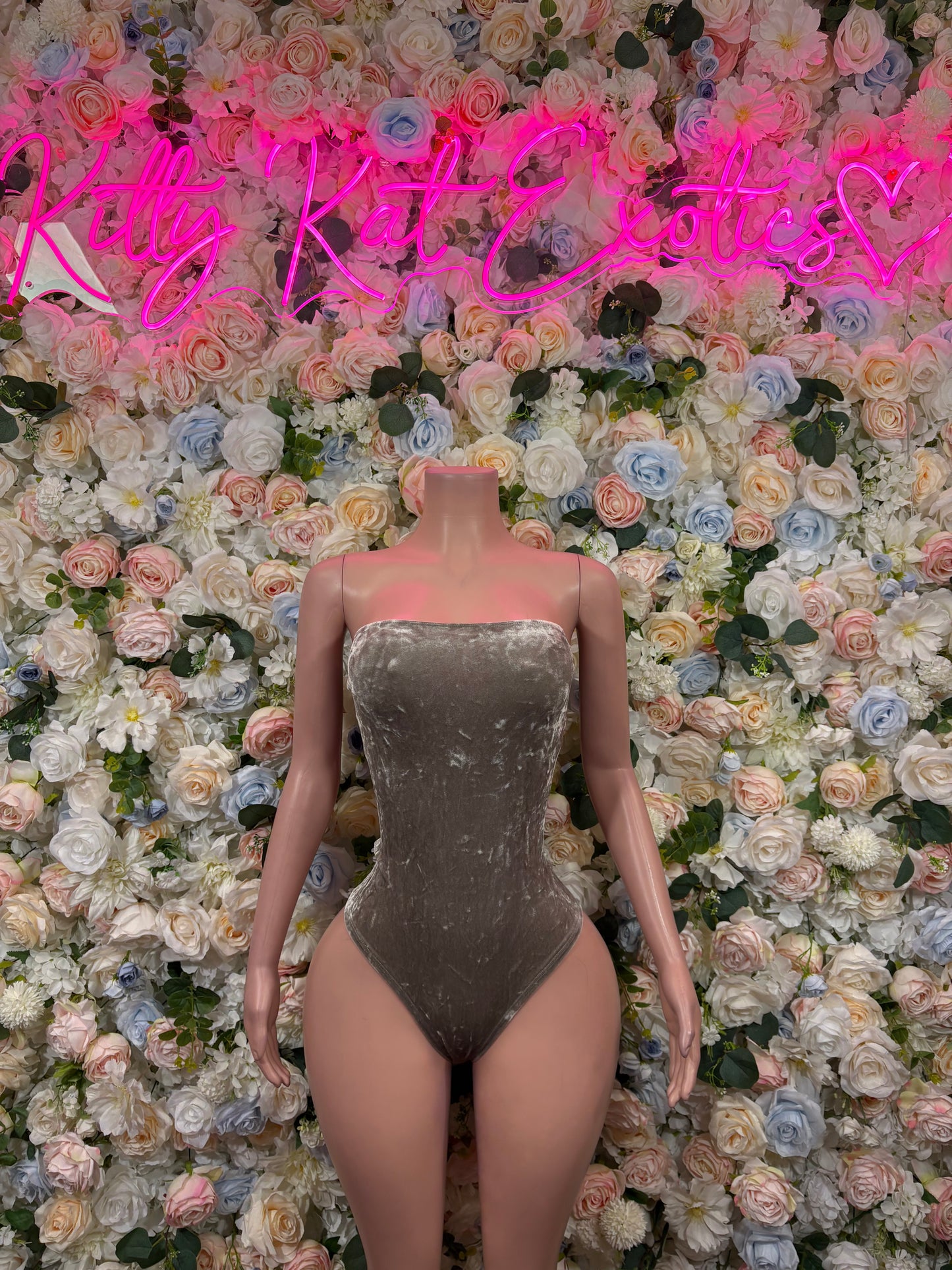 Sparkly silver-gray velvet bodysuit with scoop neck, long sleeves, and thong back.