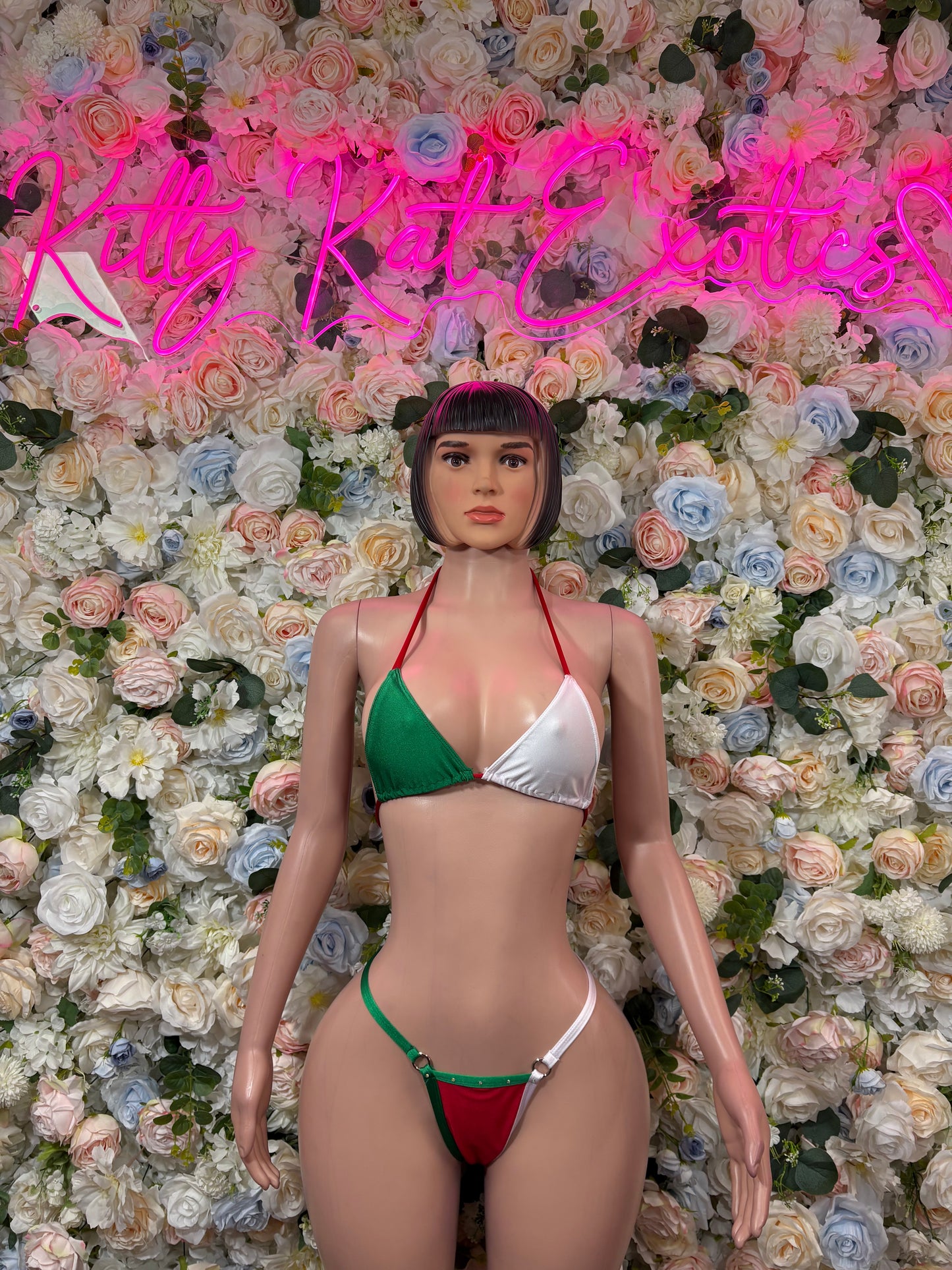Mexican flag bikini set with red, green, and white triangle bra and matching bottoms