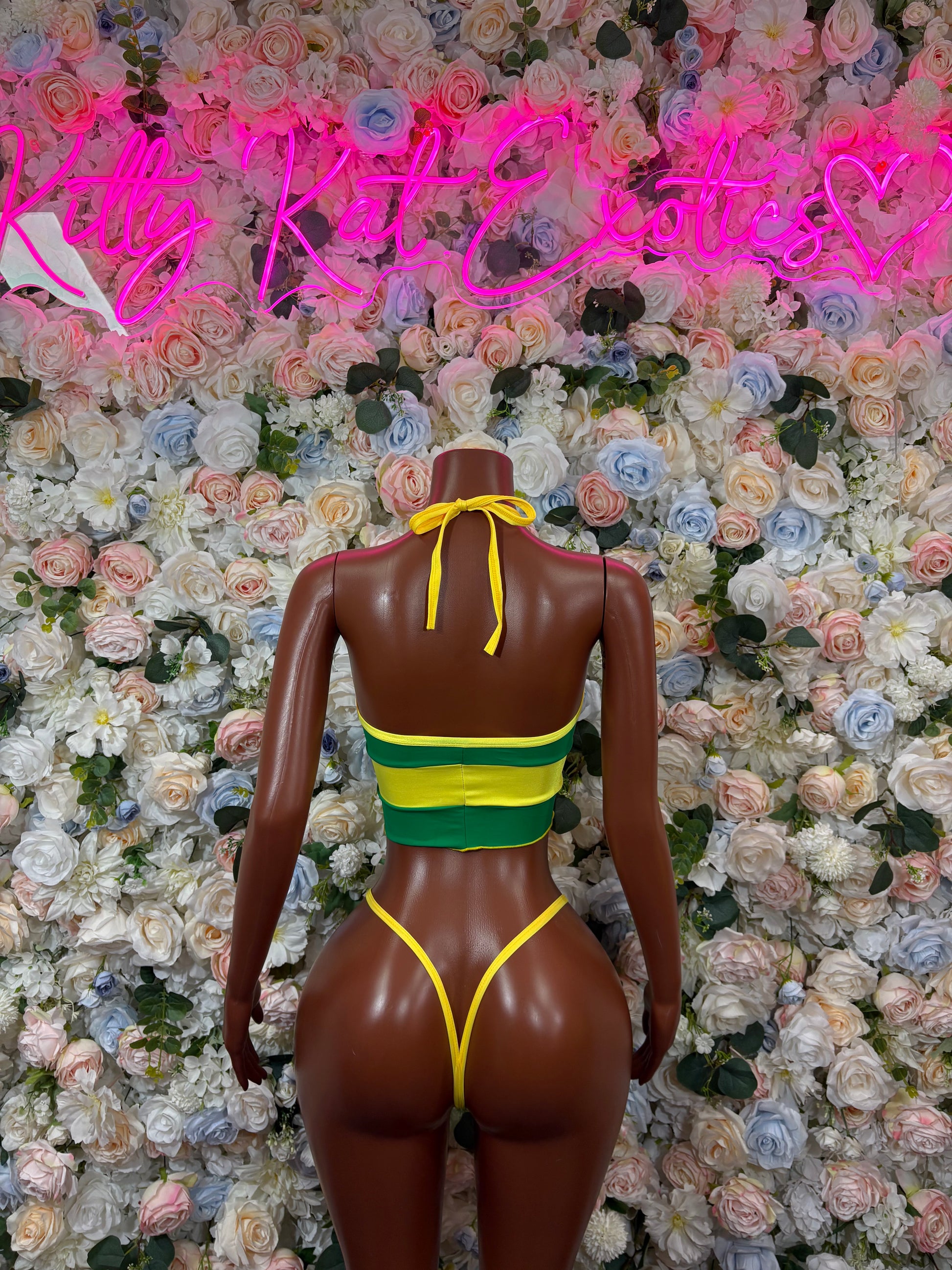 Green and yellow Brazilian-flag bikini back view, strappy crop top with tied back