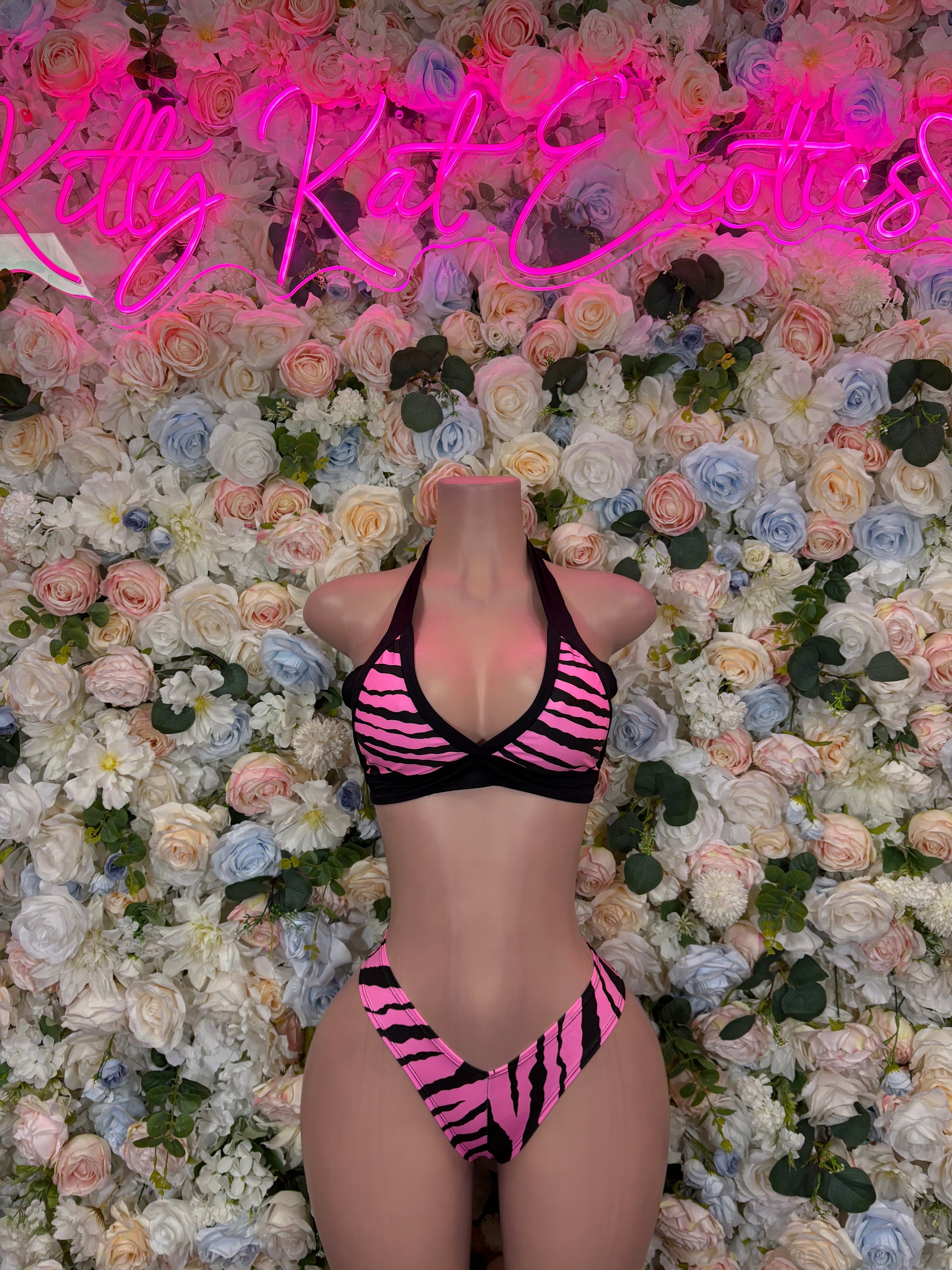 Front view zebra-print two-piece bikini with triangle top and V-string bottoms, pink/black