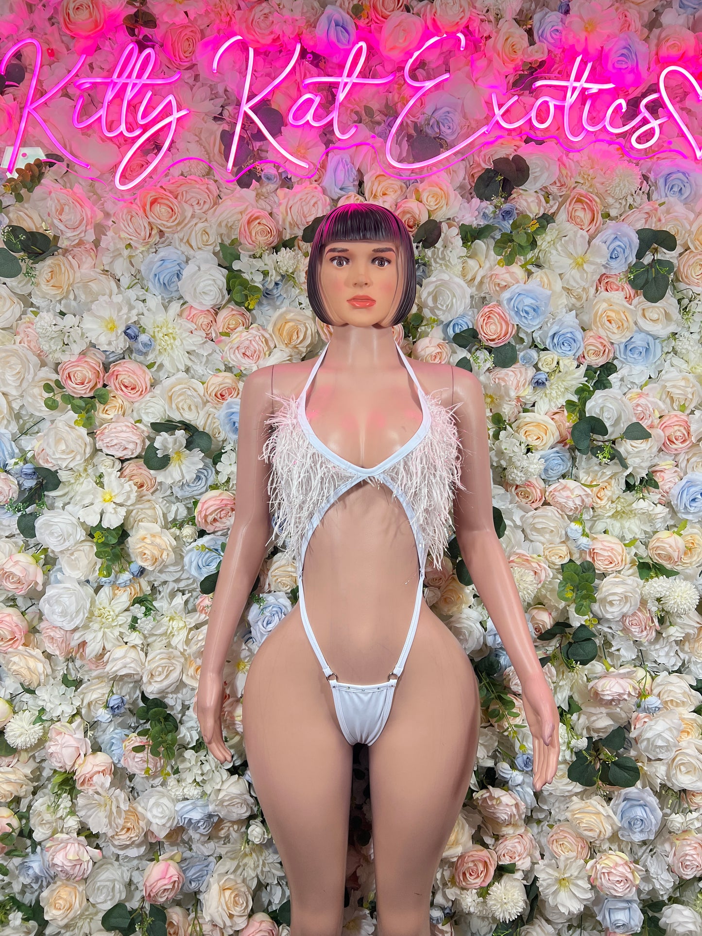 White Feather Fringe Bodysuit Rave Festival Exotic Dancewear Sparkly Glitter Boa Club Outfit