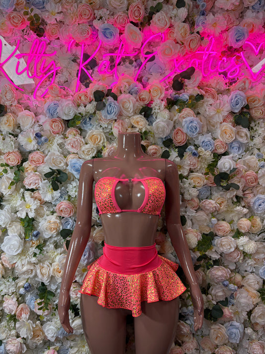 Coral patterned two-piece dance skirt set with ruffled peplum and off-shoulder top