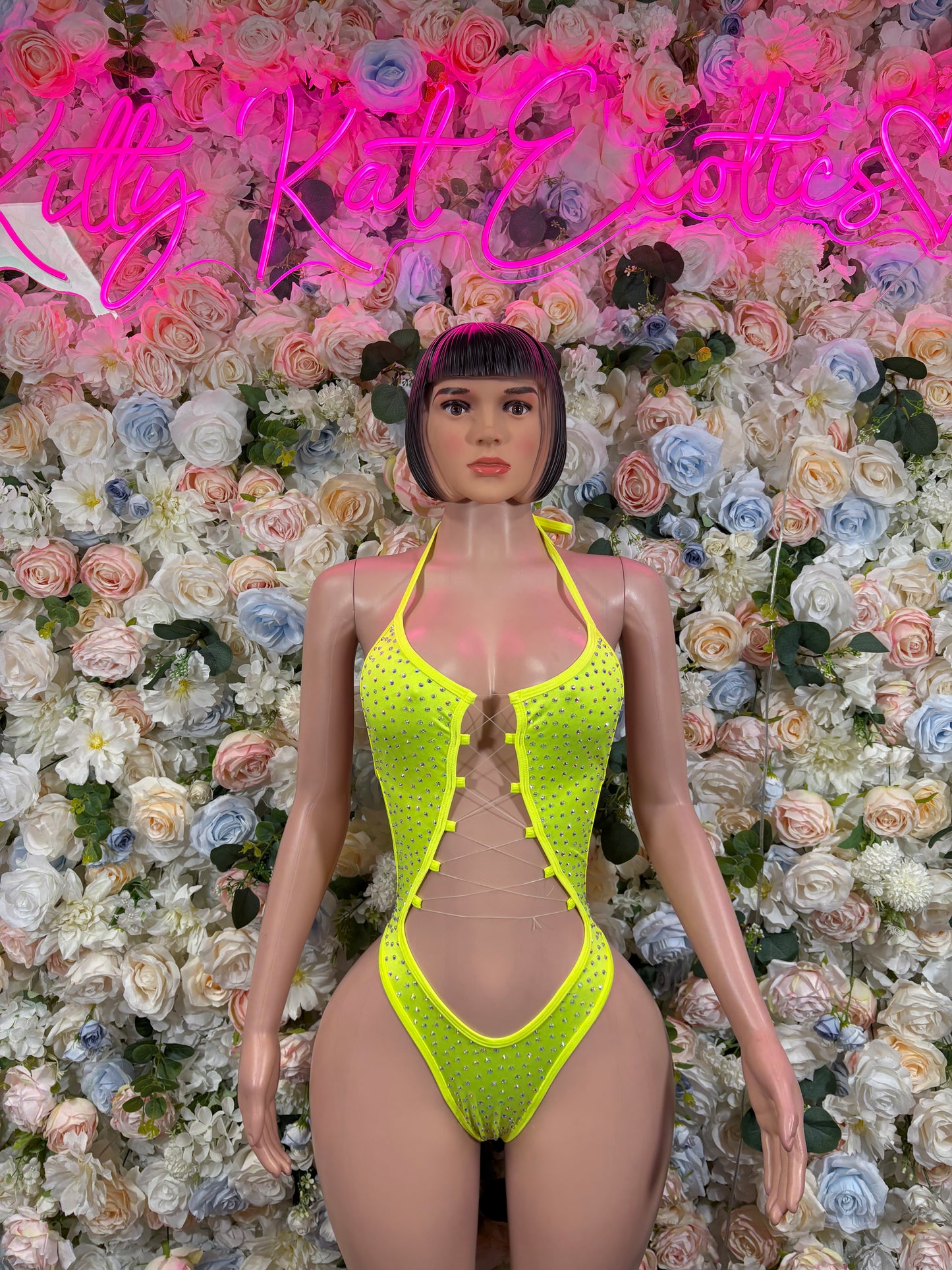 Exotic Dancewear Neon Rhinestone One Piece set – Rave outfit, rave wear costume, pole dance lingerie, festival bikini