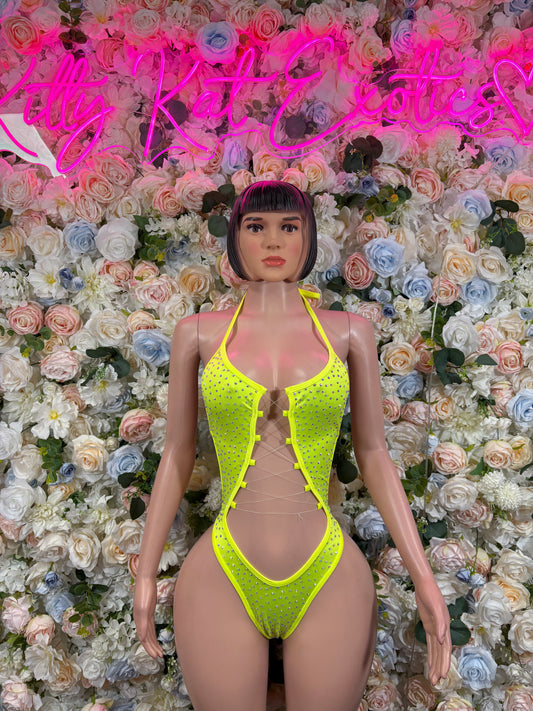Exotic Dancewear Neon Rhinestone One Piece set – Rave outfit, rave wear costume, pole dance lingerie, festival bikini