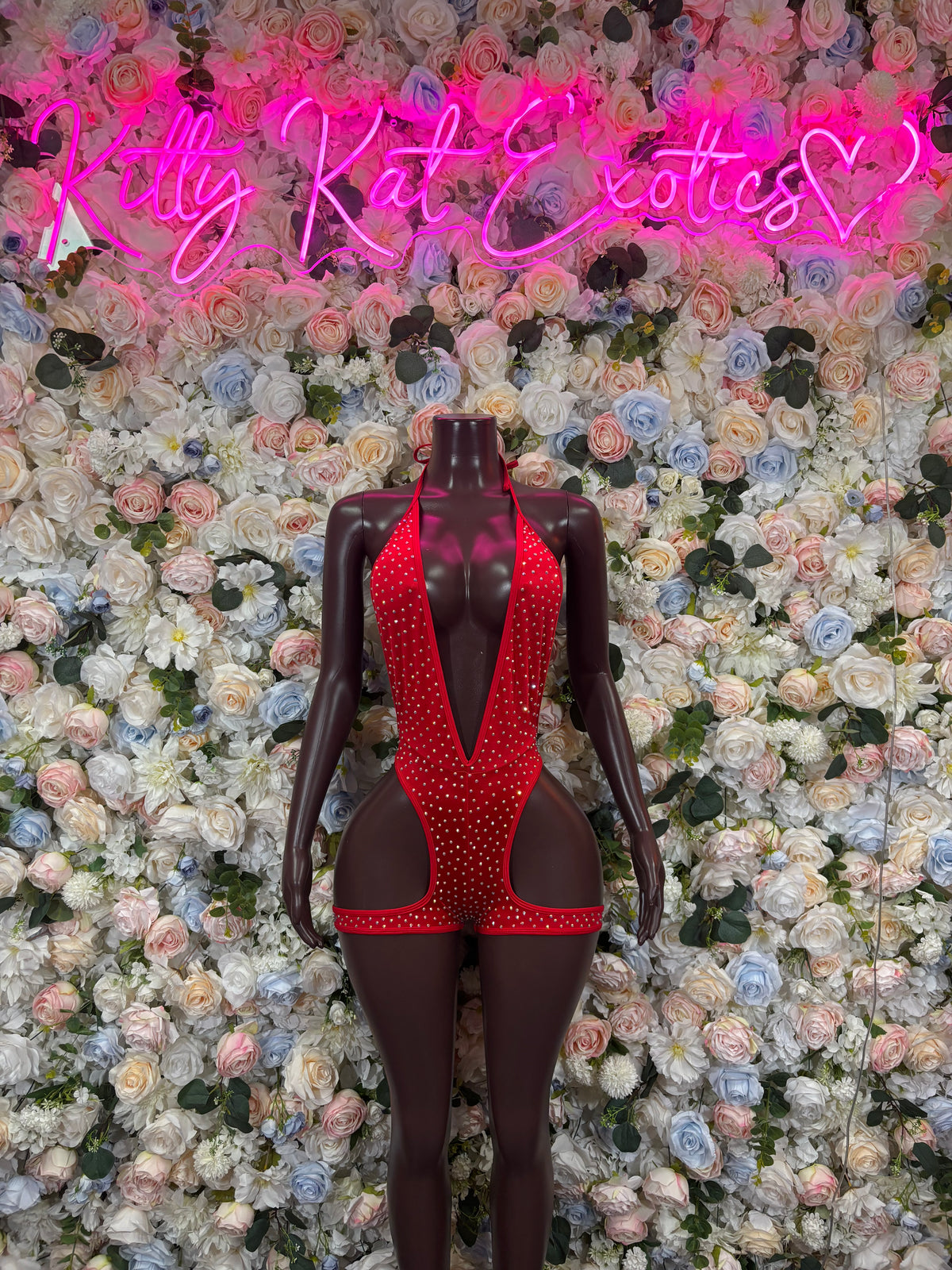 Red Rhinestone Deep V Plunging Thong Bodysuit | Sexy Cutout Festival Rave Clubwear