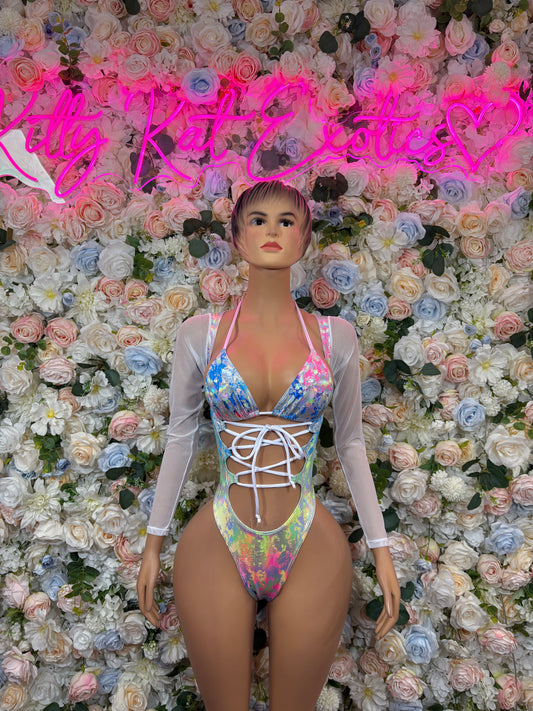 Rainbow hologram metallic crushed bodysuit with lace-up front and long sheer sleeves