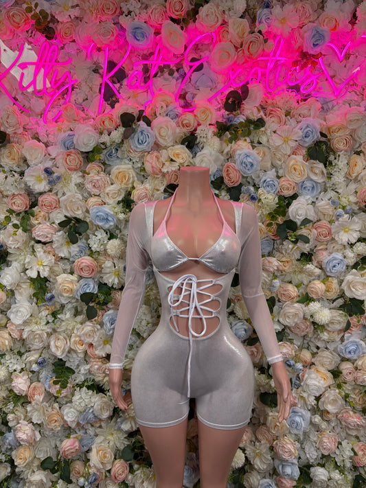 Bottlegirl Bodysuit Silver Metallic Bodysuit - Hologram Design | Exotic Dancewear Bartender Oufit