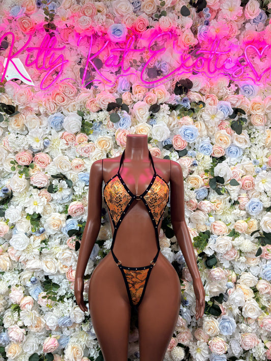 Orange Snake Print Slingshot One Piece Exotic Dancewear