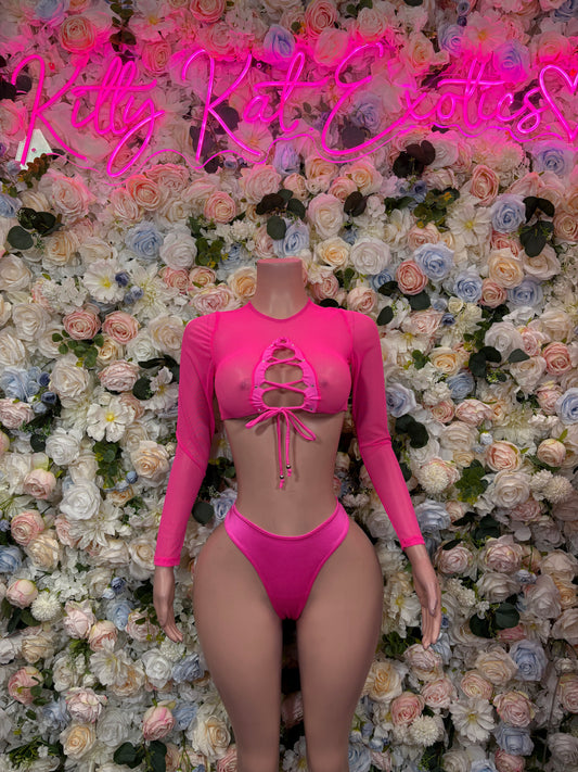 Pink long-sleeve crop top and bikini bottom set with lace-up tie front