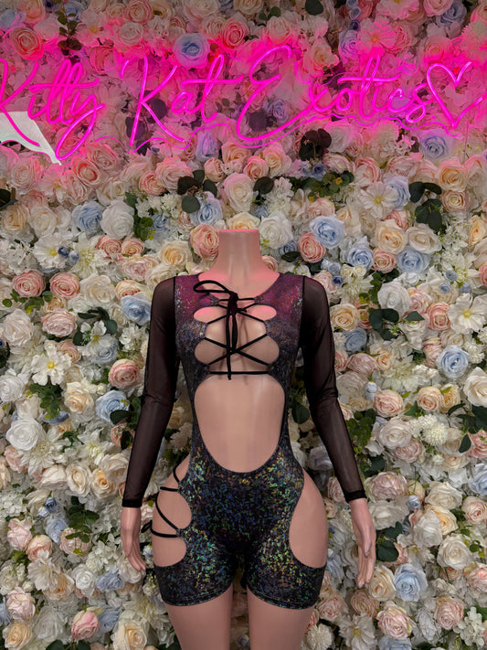 Black metallic long-sleeve bodysuit with lace-up front and thigh cutouts