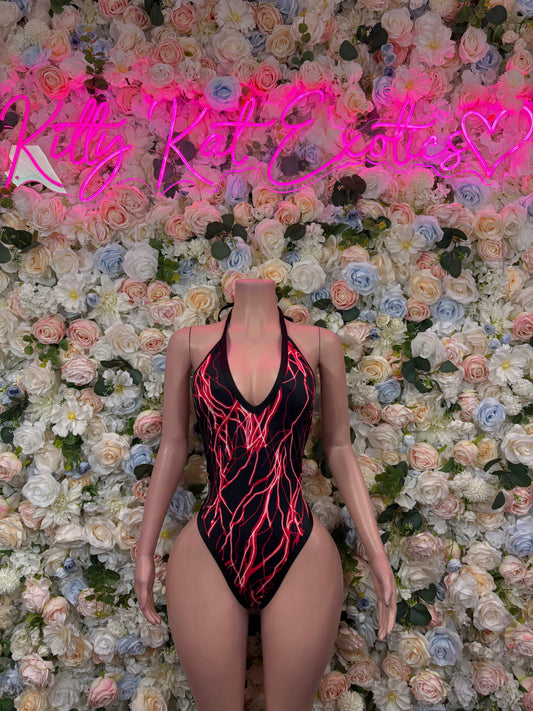 Red and black one-piece bodysuit with neon line print and deep V neckline