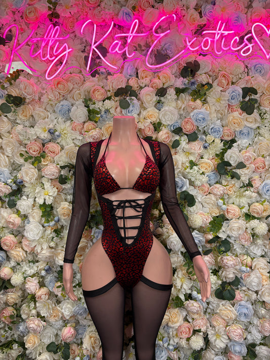 Front view red metallic cheetah bodysuit with black mesh sleeves and crisscross lace