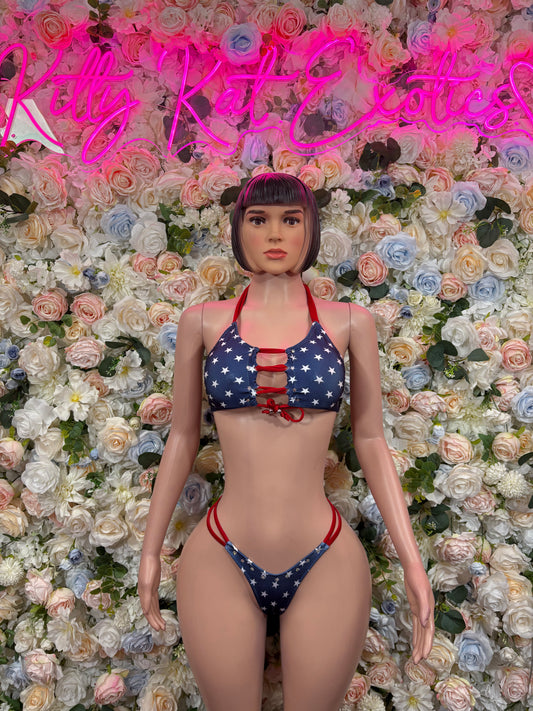 USA Flag Two-Piece Outfit – Patriotic Bartender Bottlegirl Costume Clubwear Bikini
