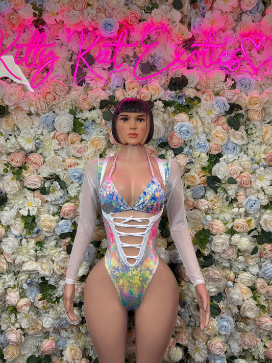 Rainbow hologram metallic bodysuit with lace-up front, V neckline, and long sleeves