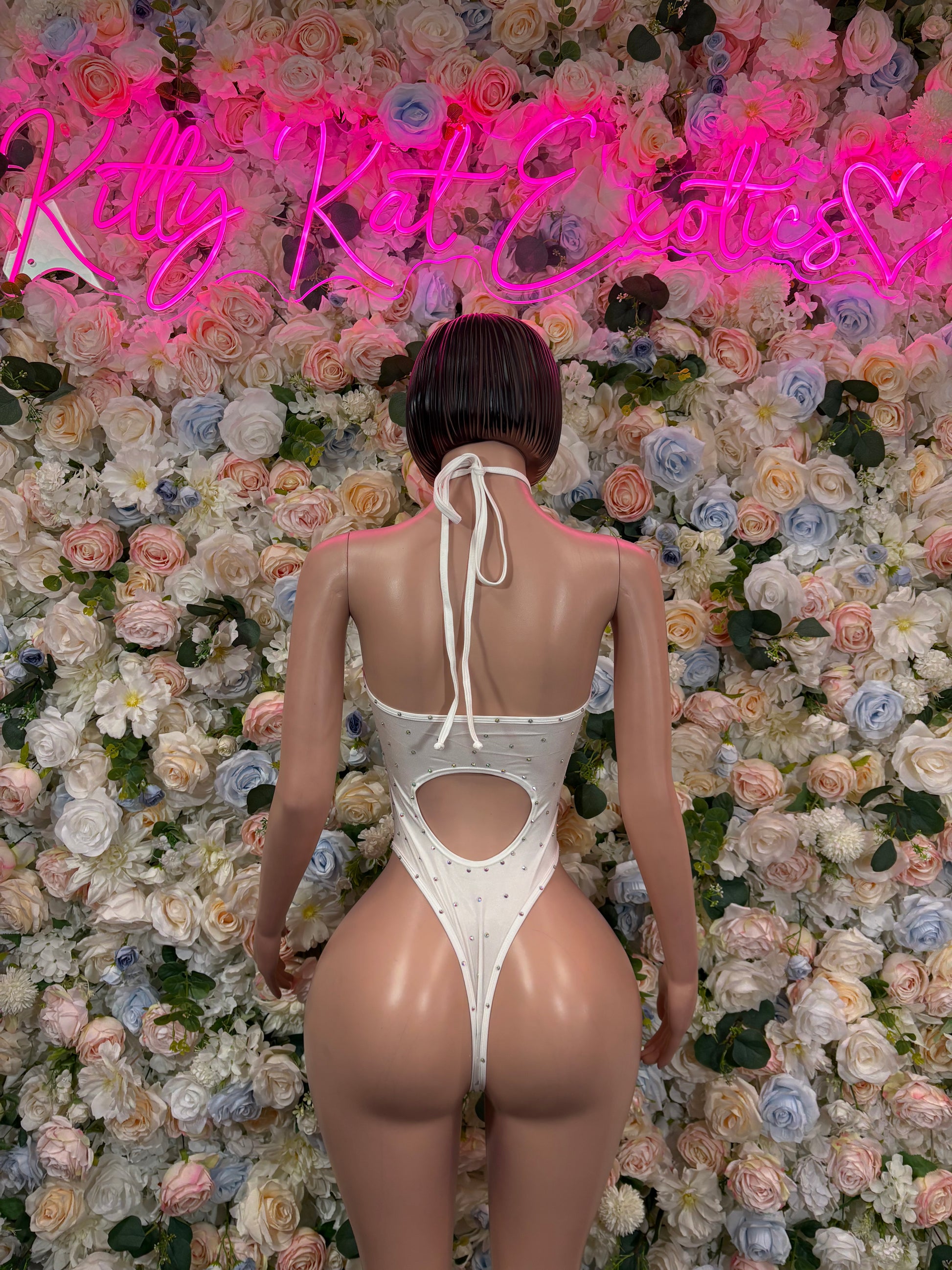 White rhinestone thong-style bodysuit, open back with long tie straps