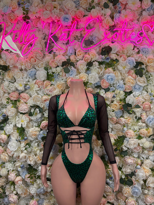 Bottlegirl Green Cheetah Bodysuit  - One Piece Bartender Outfit
