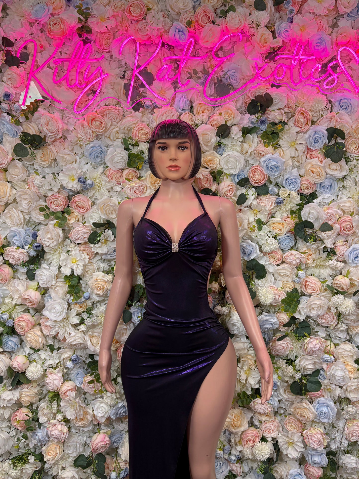 Metallic purple halter bodycon gown with knotted bust and high slit