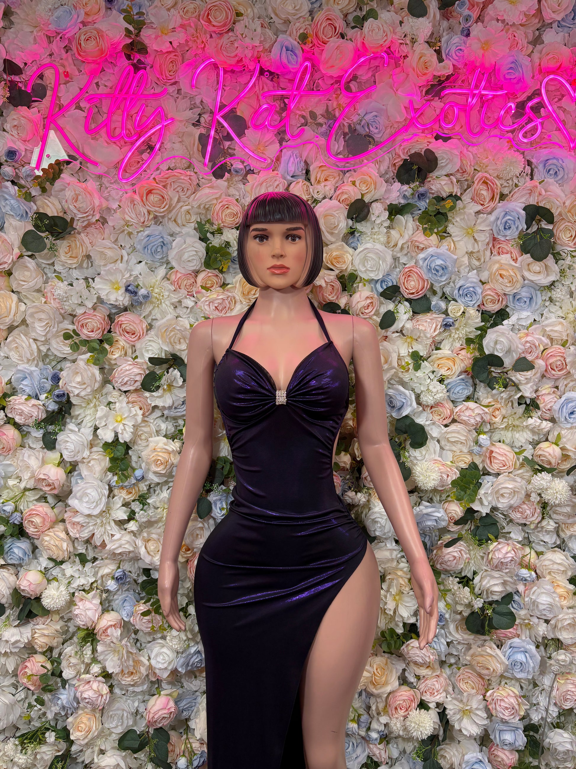 Metallic purple halter bodycon gown with knotted bust and high slit