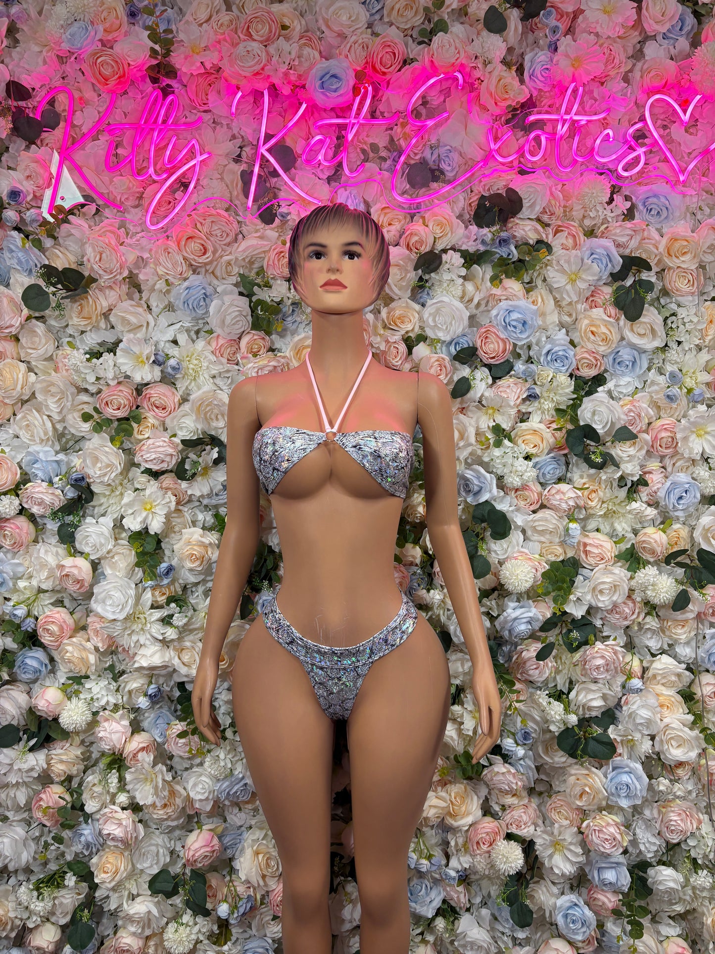 Silver Metallic Two Piece Festival Bikini - Rave Outfit, Exotic Dancewear, Summer Outfit