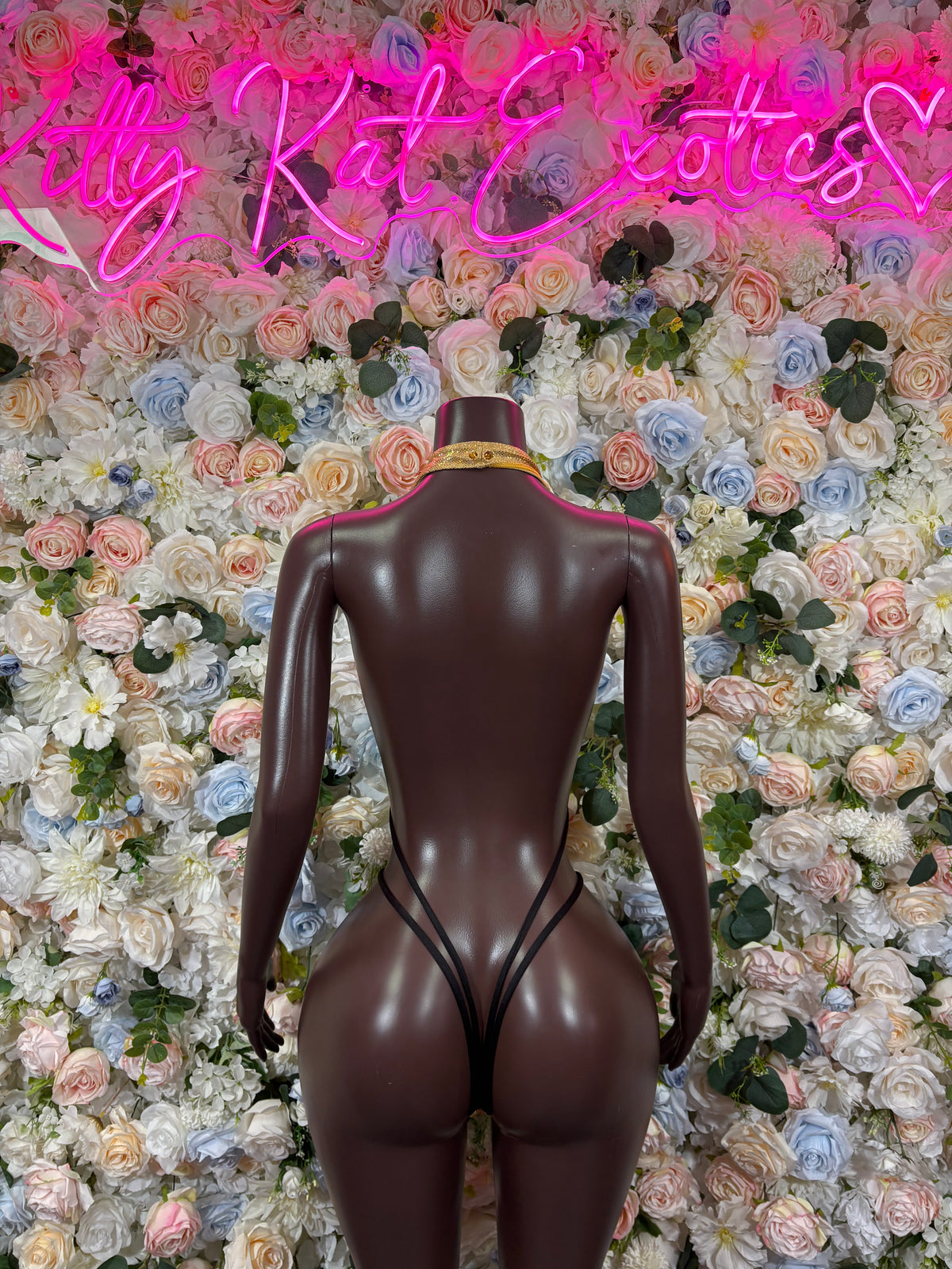 Dark brown long-sleeve rhinestone dance bodysuit, gold back accents