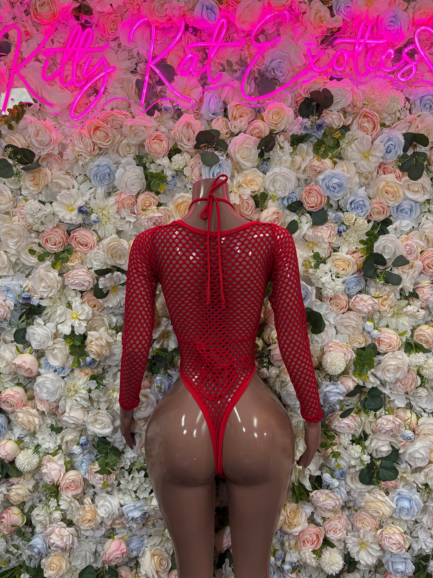 Bottlegirl Red Fishnet Bodysuit - Bottle Service Outfit, Rave Festival Clubwear One Piece Dancewear