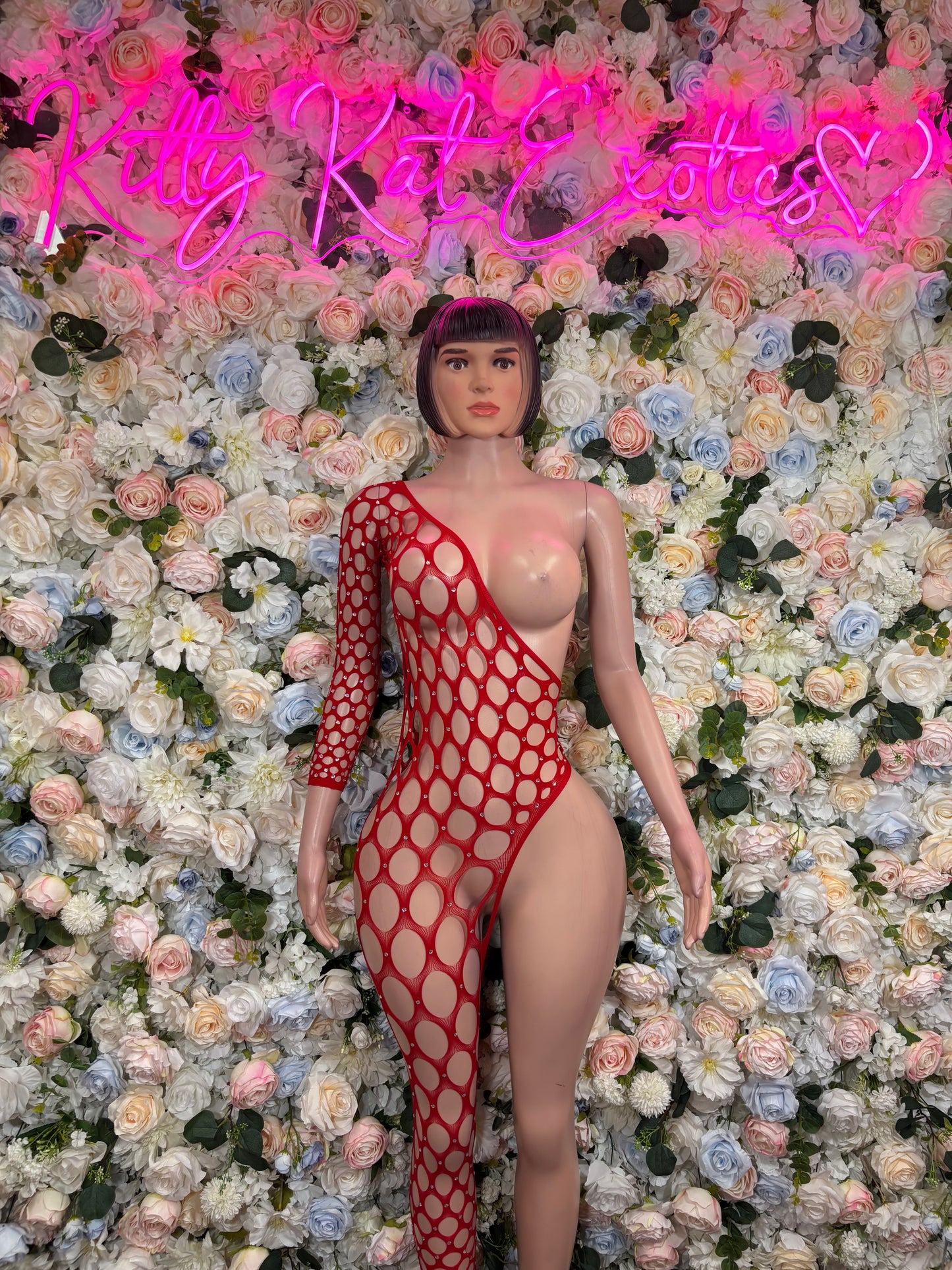 Red Rhinestone Fishnet Bodysuit Halter Rave Catsuit Festival Outfit Sexy Mesh Dancewear