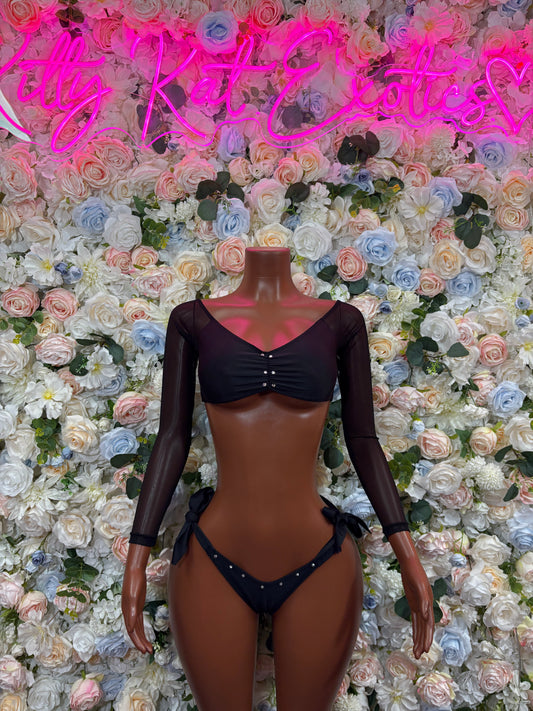 Black long-sleeve dance crop top and thong bikini bottom set