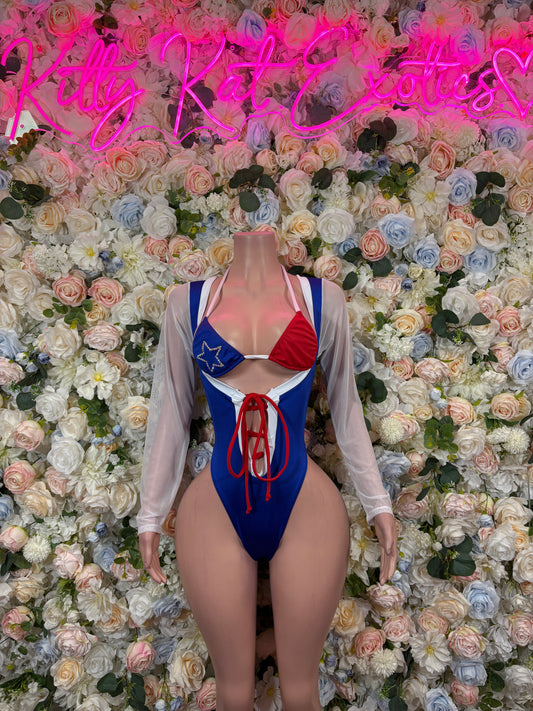 Back view patriotic blue one-piece bodysuit with red/white panels and lace-up back, long sleeves