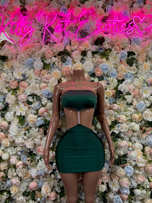 Dark green satin mini dress with sweetheart neckline and corset-style front