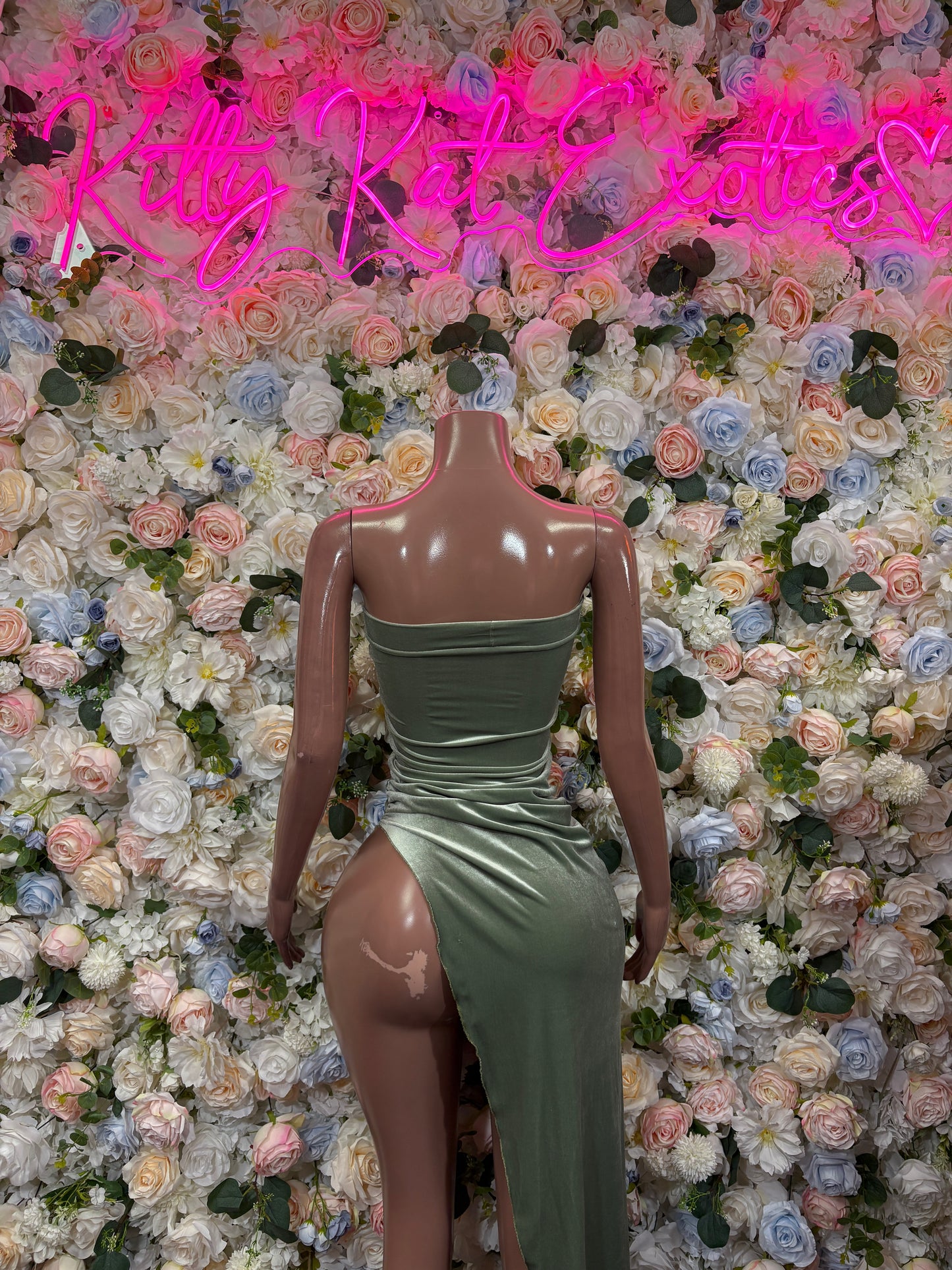 Olive green backless maxi gown with ruched straps and draped slit