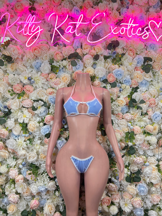 Baby blue latex two-piece set: triangle bra with adjustable straps and high-cut bottoms