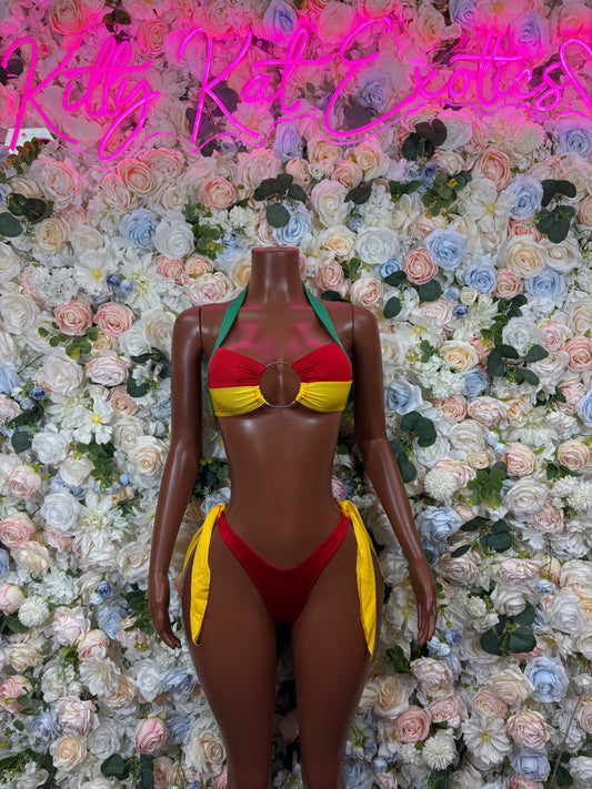 Two-piece bikini costume front view, red yellow and green bra top and thong-style bottoms
