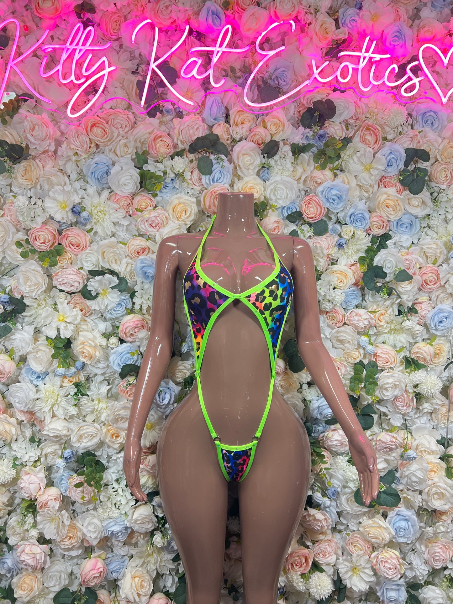 Neon Green Rainbow Leopard Print Cutout Bodysuit | Rave Festival Exotic Dancewear