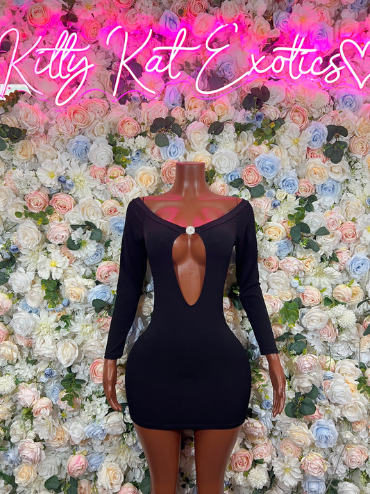 Black long-sleeve mini one-piece dress with deep neckline and teardrop chest cutout