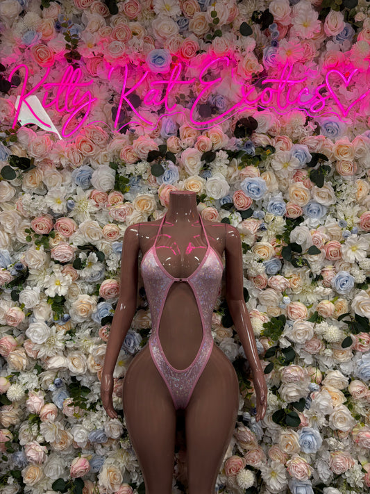 Pink rhinestone mesh bodysuit with high-cut leg and keyhole front