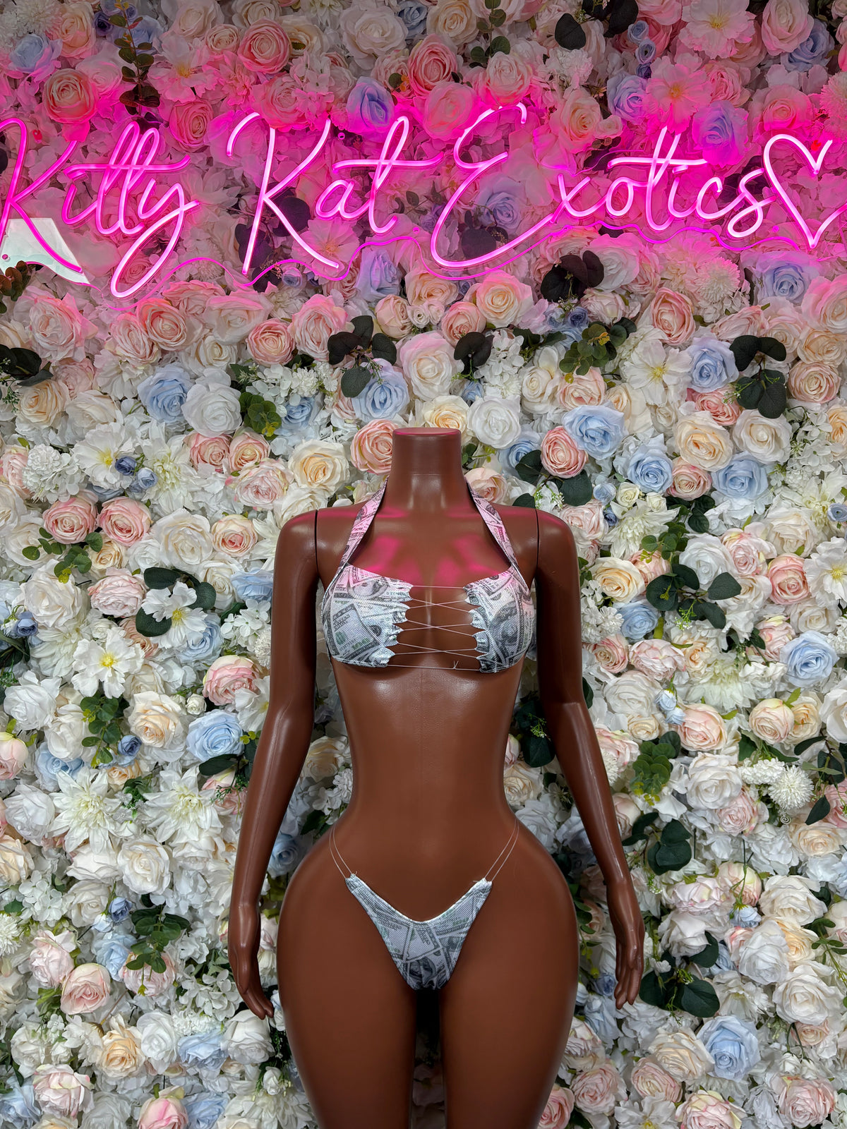 Money Print Two Piece Bikini Bodysuit - Festival Outfit,  Party Costume, Glitter Dancewear, Boho Clubwear