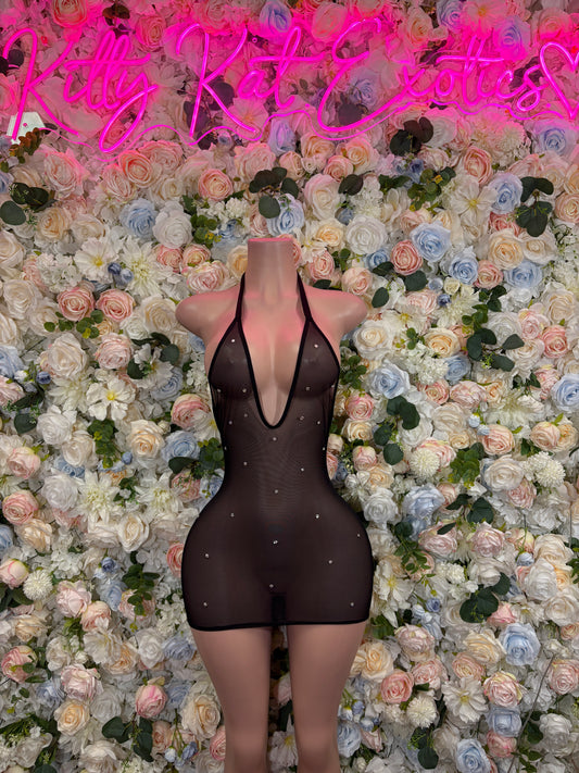 Black mesh mini dress with deep V back and rhinestone speckle